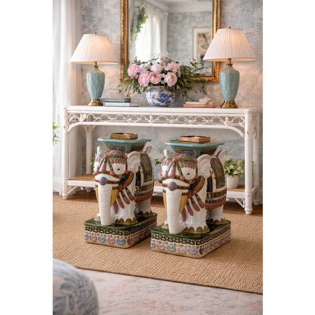 Vintage Chinoiserie Elephant Boho Chic Garden Stools Side Tables - A Pair Kindly note photo number two (2) is a digital...