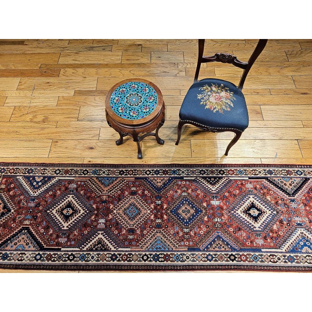 Textile Vintage Persian Shiraz Tribal Runner Rug, Hand-Knotted Wool, Geometric Medallion Pattern, Red & Blue, 3x10 For Sale - Image 7 of 15