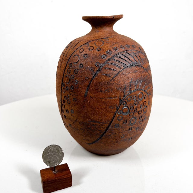AMBIANIC presents 1980s Modernist Mel Pottery Vase Textured Abstract Design Signed Mel 7 h x 5 diameter Preowned original...