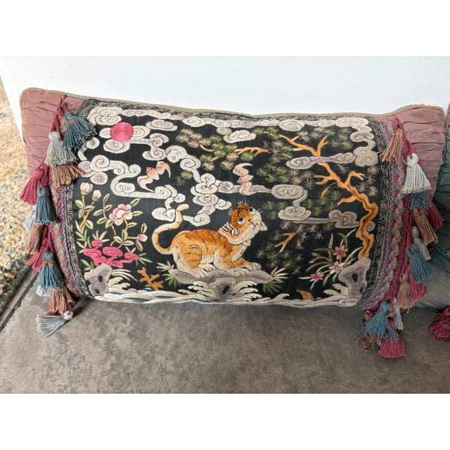 Early 19th Century Pair of Antique Chinese Imperial Embroidered Silk Rank Badge Pillows For Sale - Image 5 of 11