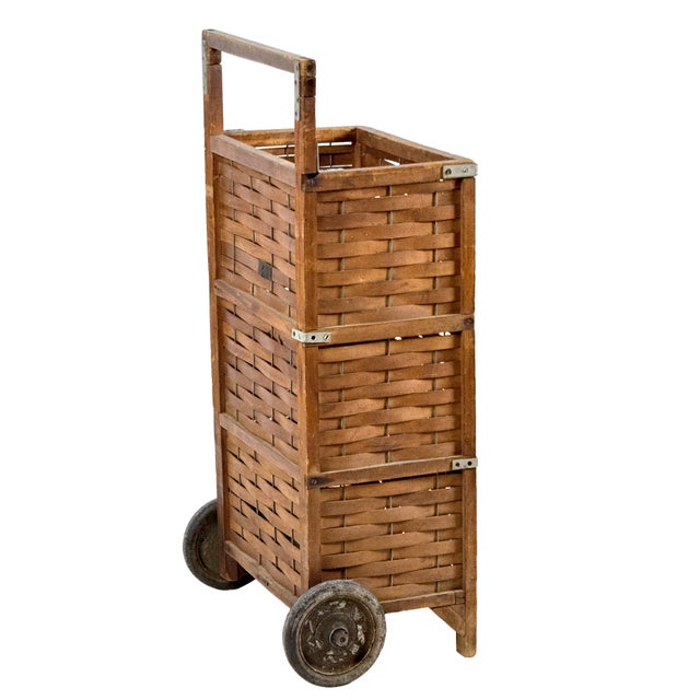 Wood Antique 1910s Woven Splint Wood Rolling Cart Utility Basket / Wheeled Shopping Trolley For Sale - Image 7 of 18