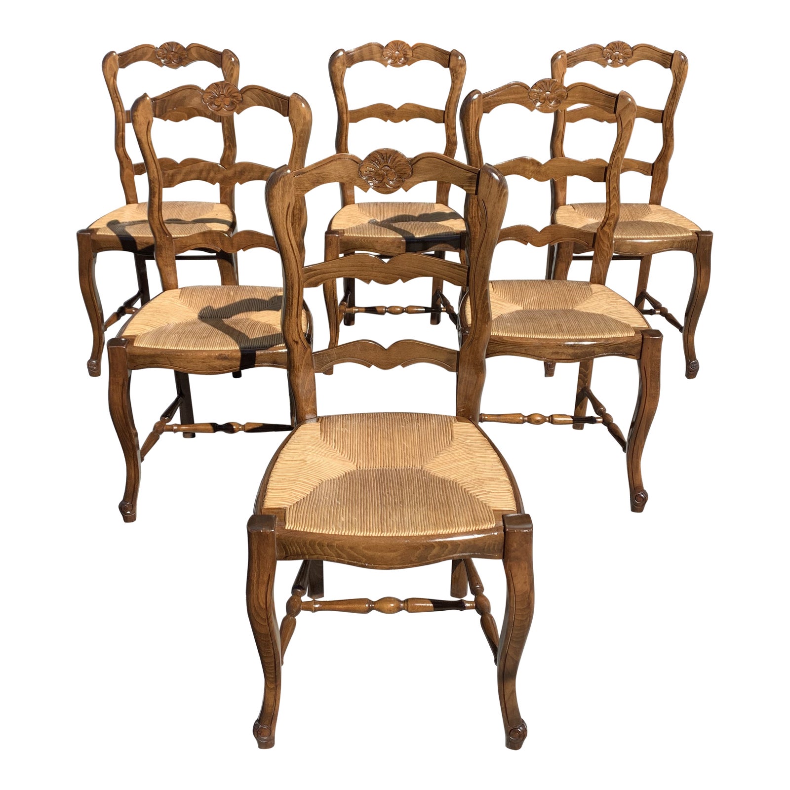 1910s Vintage French Country Rush Seat Solid Walnut Dining Chairs - Set