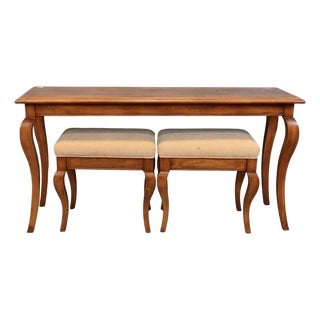 Cabriole Leg Wood Console Table With Pair of Upholstered Benches 3 Pc. For Sale