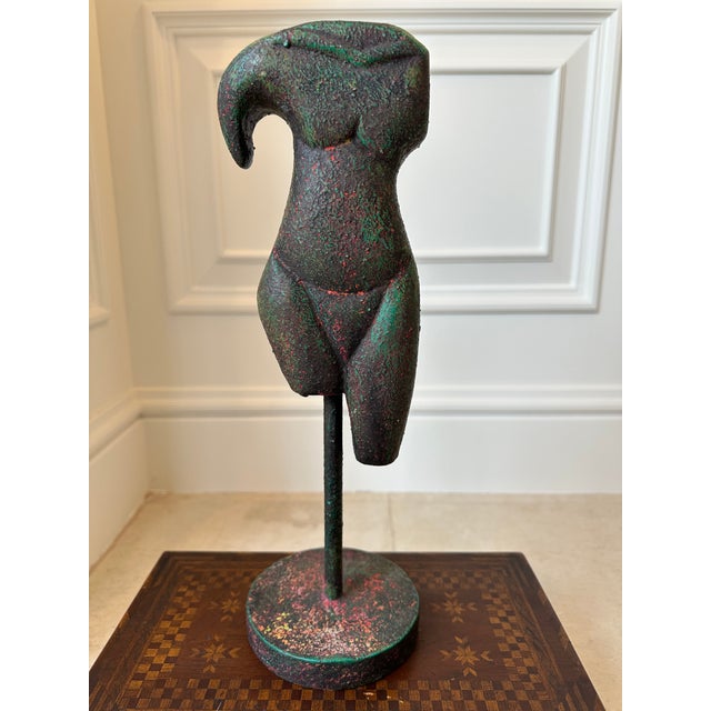 Fabulous Brutalist Female Torso Sculpture. Wood sculpture upon wood base, with metal mounting bar. Brutalist and cubist in...