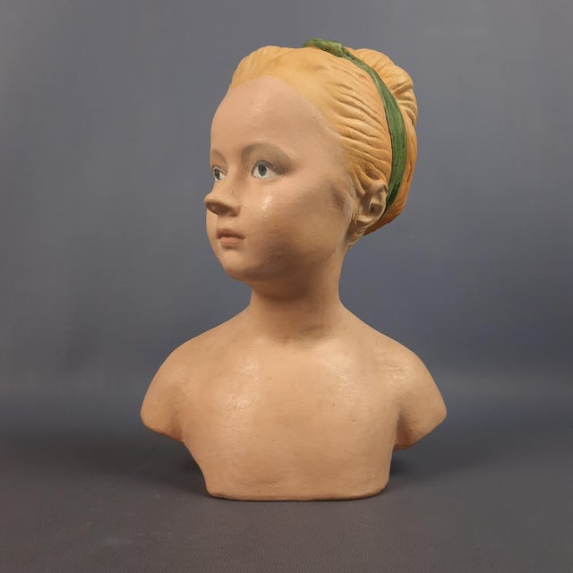 Forest Green Terracotta Bust of Girl with Bow, 1960s For Sale - Image 8 of 18