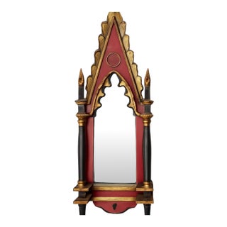 Vintage Gothic Revival Wood and Mirrored Glass Wall Mirror For Sale