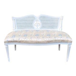 Vintage French Petite Cane Back Ivory Brocade Settee For Sale