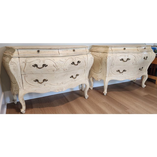 Wood Late 20th Century Grand French Provincial Cream Bombé Commodes, Pair For Sale - Image 7 of 16