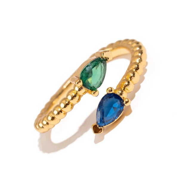 Contemporary Sapphire & Emerald Teardrop Glow Gold Adjustable Ring, Size 8 For Sale - Image 3 of 8