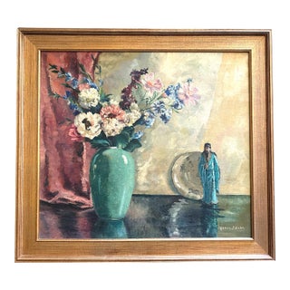 Vintage Chinoiserie-Style Still Life With Flowers and Figurine by Hazel Brunn, C. Mid-20th Century For Sale