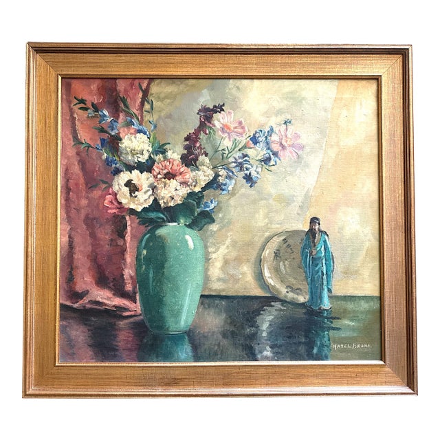 Vintage Chinoiserie-Style Still Life With Flowers and Figurine by Hazel Brunn, C. Mid-20th Century For Sale