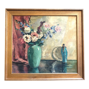 Vintage Chinoiserie-Style Still Life With Flowers and Figurine by Hazel Brunn, C. Mid-20th Century