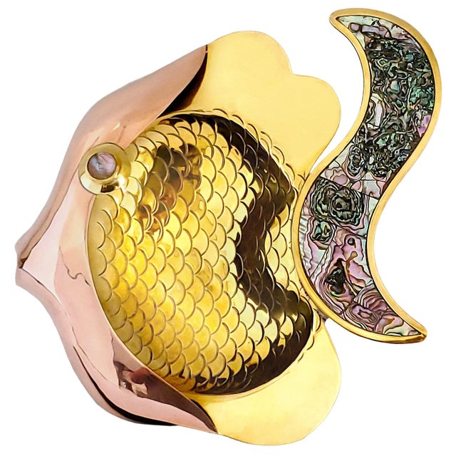 Bowl Brass Copper & Abalone Shell Fish Wall Sculpture 1960s Signed For Sale - Image 11 of 11
