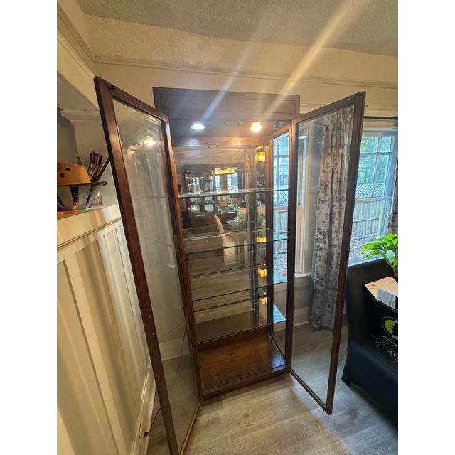 Wood 1960s Attributed to Henredon Campaign Style Lighted Display Cabinets (2) For Sale - Image 7 of 11