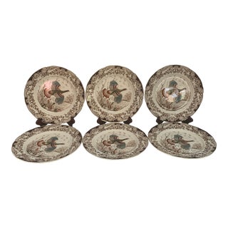 1950s Windsor Ware Wild Turkeys Brown Transferware Plates With Hand Tinted Center Images. Made by Johnson Brothers- Set of 6 For Sale