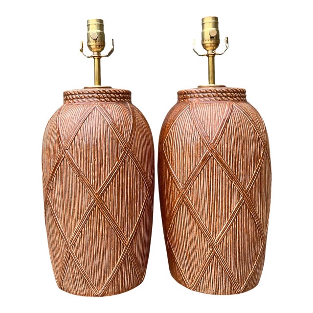 Vintage Textured Ceramic Lamps - A Pair For Sale