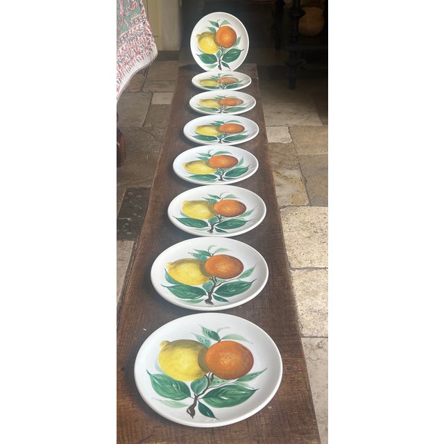 Set of eight hand painted vintage dinner plates made in Italy.