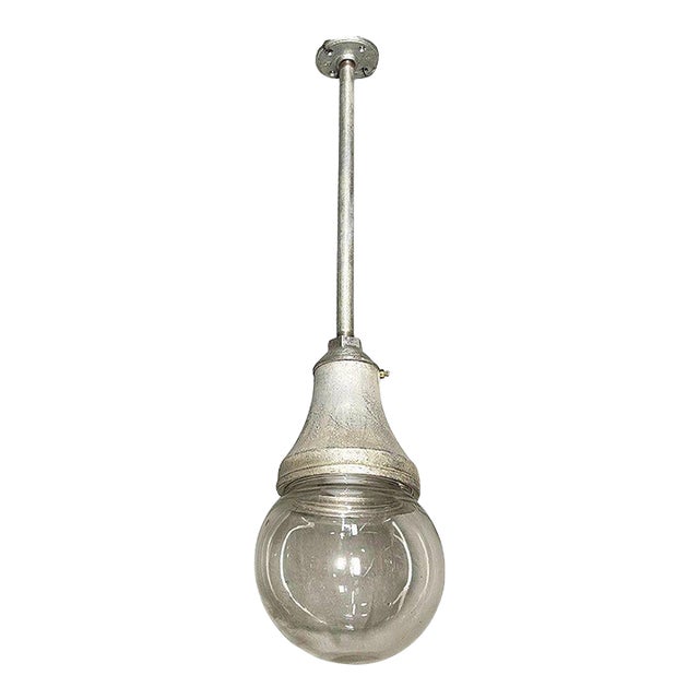 1930s Benjamin Vapor-Tight Industrial Hanging Pendant Light W/ Globe, 2 Available For Sale