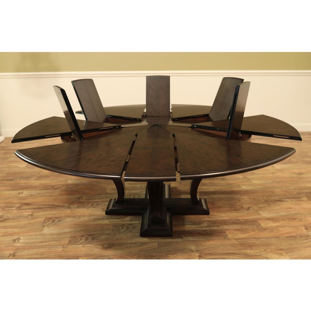 64 to 84 Round Transitional Ebonized Oak Jupe Table With Self-Storing Leaves Seats 6-10 People For Sale - Image 4 of 11
