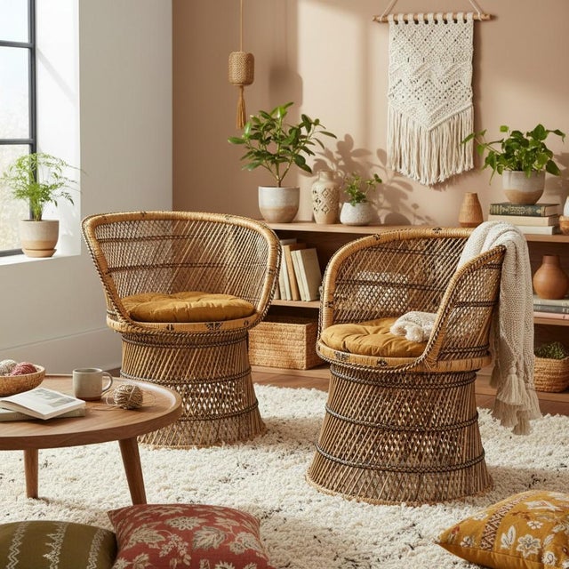 This beautiful pair of vintage wicker barrel‑back chairs brings effortless boho charm and warm, organic texture to any...