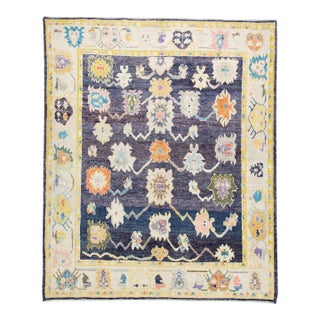 Turkish Oushak Rug Navy & Ivory Handwoven Wool Rug 8'3" X 10' For Sale