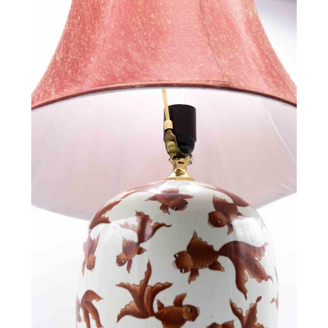 Mid-Century Italian Red Fish Table Lamps in Porcelain with Wood Base, Set of 2 For Sale - Image 6 of 7