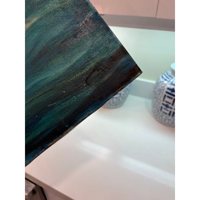 Turquoise Vintage Moody Coastal Seascape Oil Painting With Dory in Rough Seas Ocean For Sale - Image 8 of 14