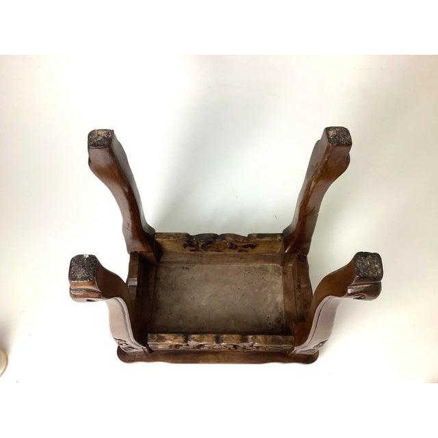 Brown Small Chinese Carved Wood Side Table With Inlaid Pink Marble Top For Sale - Image 8 of 8