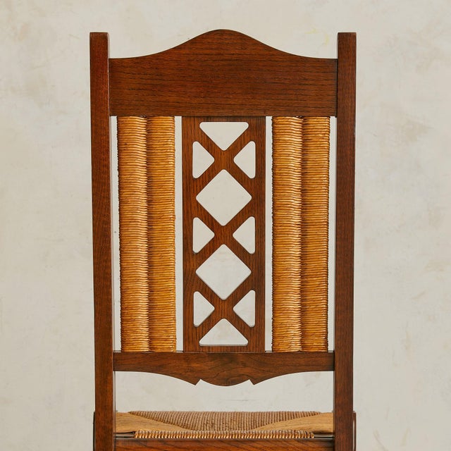 Wood Set of 6 French Rush + Oak Dining Chairs, 1940s For Sale - Image 7 of 9