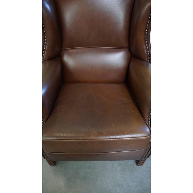 Large English Dark Brown Smooth Cow Leather Chesterfield Wing Chair For Sale - Image 6 of 14