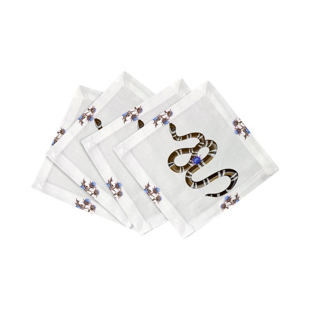 Thistle And Snake Cotton Sateen Cocktail Napkins in Blue White, Set of 4 For Sale In Miami - Image 6 of 6