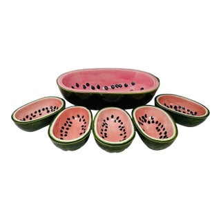 Unique Rare Textured Vintage Watermelon Serving Bowl Set | Mid-Century Modern Embossed Fruit Dishes | 6 Pieces For Sale