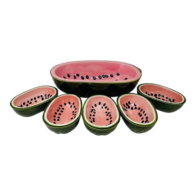 Unique Rare Textured Vintage Watermelon Serving Bowl Set | Mid-Century Modern Embossed Fruit Dishes | 6 Pieces For Sale