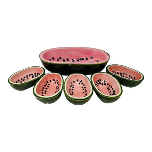Unique Rare Textured Vintage Watermelon Serving Bowl Set | Mid-Century Modern Embossed Fruit Dishes | 6 Pieces