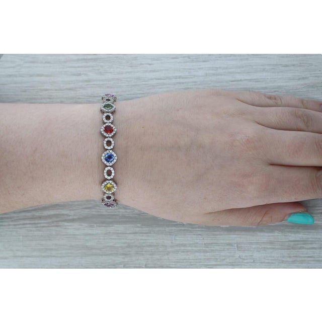 15.62ctw Multicolor Sapphire Diamond Tennis Bracelet 18k White Gold 6.75" For Sale - Image 10 of 10