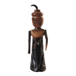 Vintage African Folk Art Sculpture or Doll Carved From Wood and Dark Horn For Sale