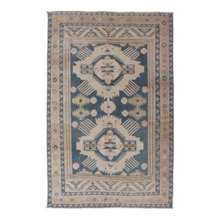 Blue Oushak Rug With Geometric Medallion Design 5' 5" X 8' 10" For Sale