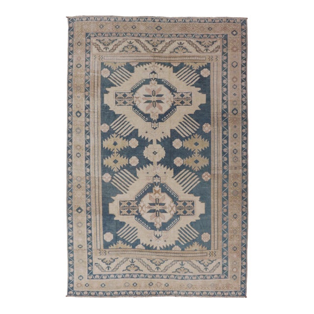 Blue Oushak Rug With Geometric Medallion Design 5' 5" X 8' 10" For Sale