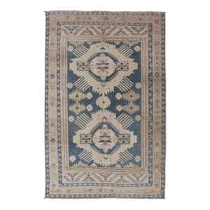 Blue Oushak Rug With Geometric Medallion Design 5' 5" X 8' 10"