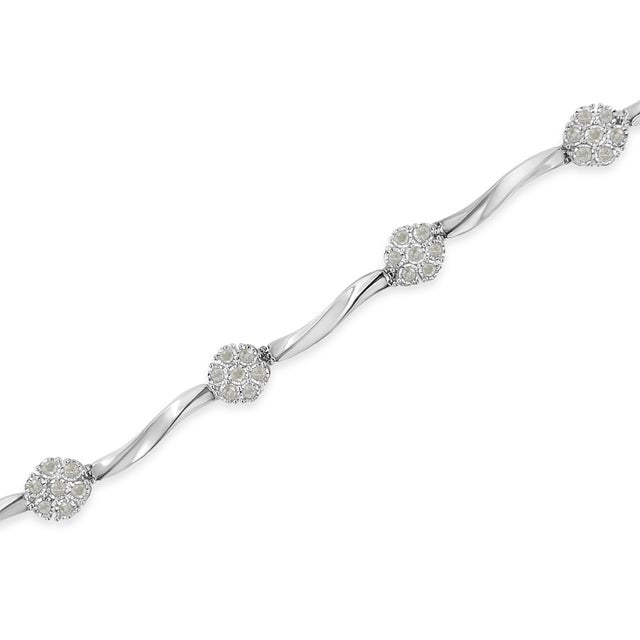 Contemporary .925 Sterling Silver 1.0 cttw Miracle-Set Diamond 7 Stone Floral Cluster Link Bracelet For Sale - Image 3 of 6