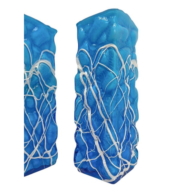 Hand-Blown Blue Art Glass Vases with White Trailing, 1980s, Set of 2 For Sale - Image 10 of 11