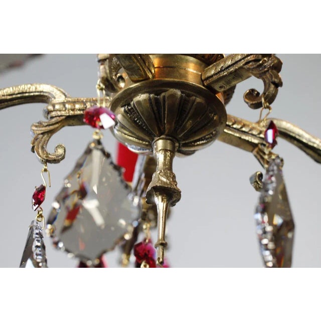 Red Vintage Spanish Brass Strass Swarovski Crystal 5 Light One of a Kind Chandelier by Nyc Designer Karen Curtis For Sale - Image 8 of 10