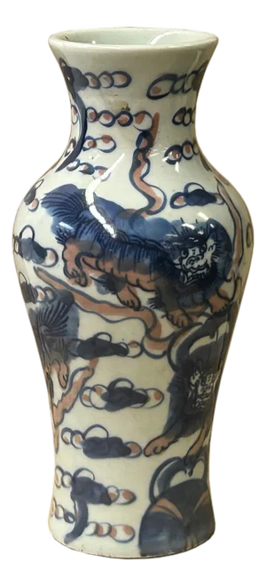 6.5" Blue White Foo Dog Lion Graphic Small Porcelain Baluster Art Vase