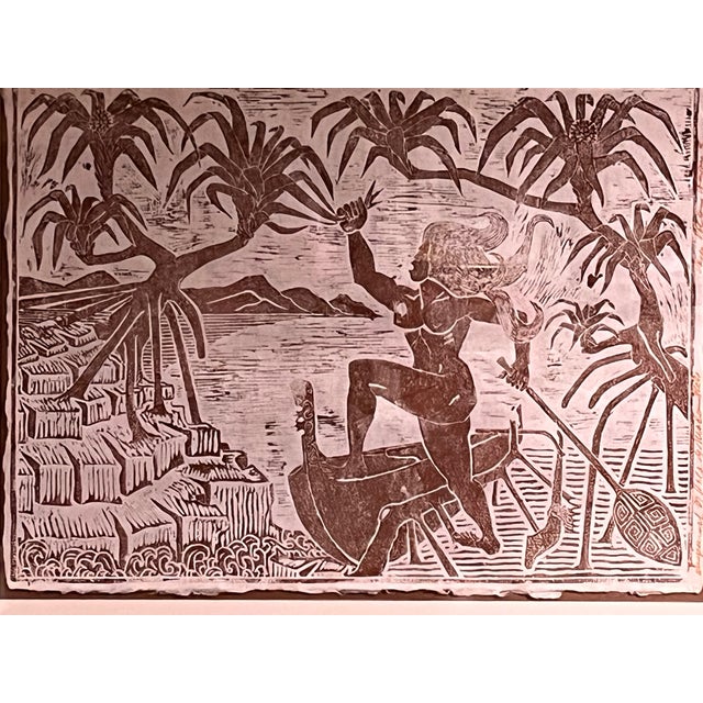 Vintage Pacific Islander Canoe Woodcut Print Framed 23.5x19.25 For Sale - Image 4 of 8