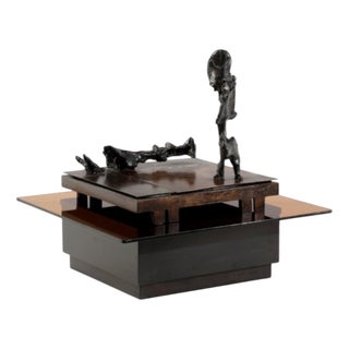 Sculpture Coffee Table in Lacquered Wood, Stained Glass, and Bronze by Nado Canuti, 1960s For Sale