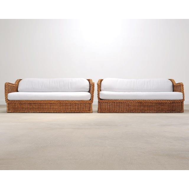 Contemporary Pair of Michael Taylor Style Organic Modern Wicker Rattan Sofas For Sale - Image 3 of 18
