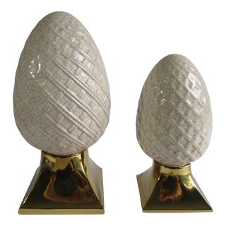 Vintage Ceramic Egg Shaped Decor on Brass Stand or Mount For Sale