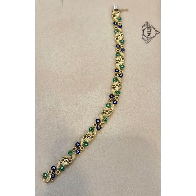 Metal 18 Karat Yellow Gold 30 Grams With Green and Blue Enamel Bracelet, 8 Inch Long For Sale - Image 7 of 8