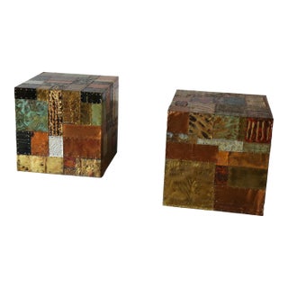 Pair of Patchwork Cube Tables in the Manner of Paul Evans Copper, Mixed Metals For Sale