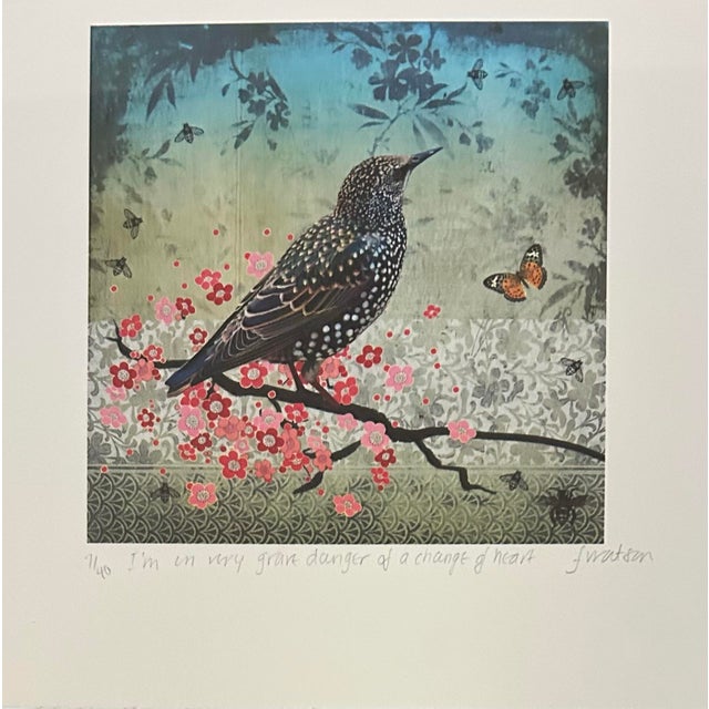 Boho Chic Original Lithograph of a Bird and Butterfly by Fiona Watson For Sale - Image 3 of 8